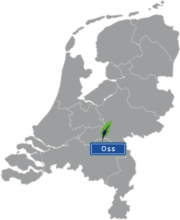 Grijze kaart van Nederland met Oss aangegeven voor maatwerk taalcursus Duits zakelijk - blauw plaatsnaambord met witte letters en Dagnall veer - transparante achtergrond - 600 * 733 pixels